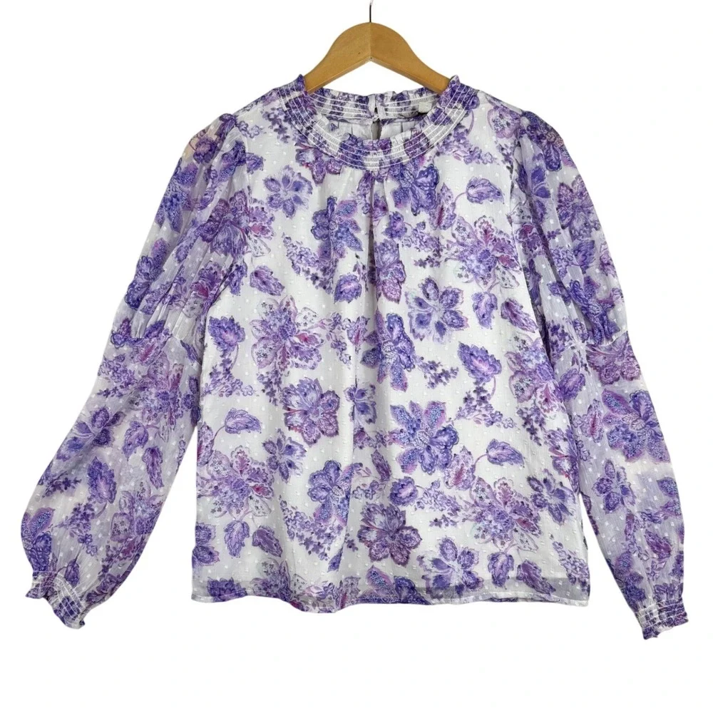Loft Floral Clip Puff Long Sleeve Blouse size Small White/Purple